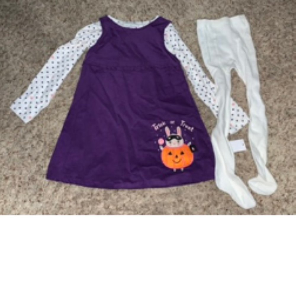 Toddler Halloween Dress Jumper, Shirt, Tights 4T Purple White 3 pc Set Girls